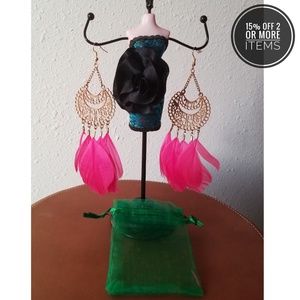 Gold Dangling Pink Feather Earrings